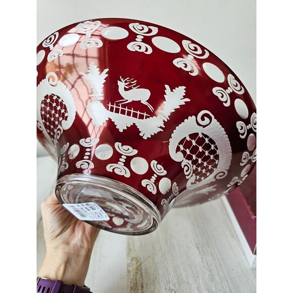 Egermann flair bowl Ruby red cut Bohemian glass deer scene building new - Picture 6 of 9